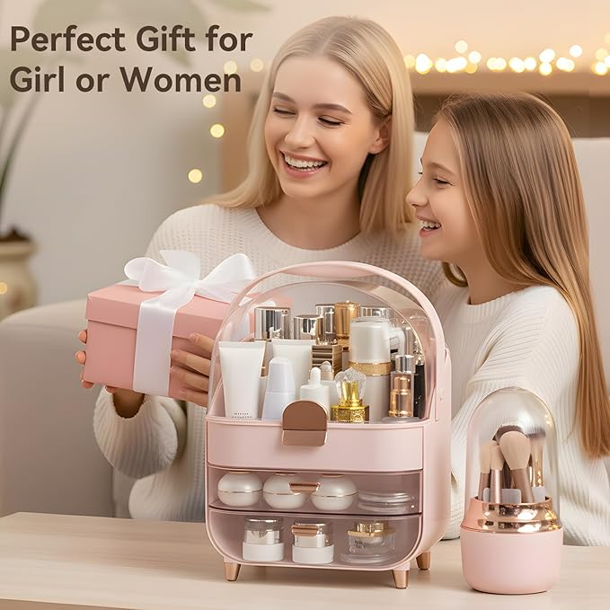 Makeup Organizer Countertop, Skincare Bathroom Counter Organizer, Storage Box Cosmetic Display Cases, Teen Girl Gifts Trendy Stuff Make up Organizers for Vanity, Dresser (Pink)