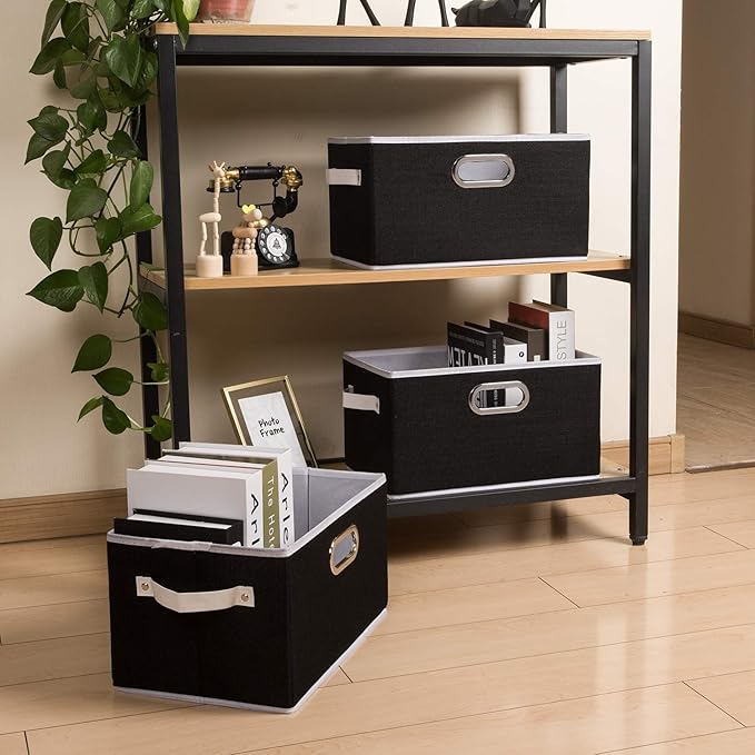 PRANDOM Large Collapsible Storage Bins for Closet [3-pack] Decorative Fabric Storage Baskets Cubes with Leather/Metal Handles for Shelves Bedroom Living Room Black (14.9x9.8x8.3 Inch)
