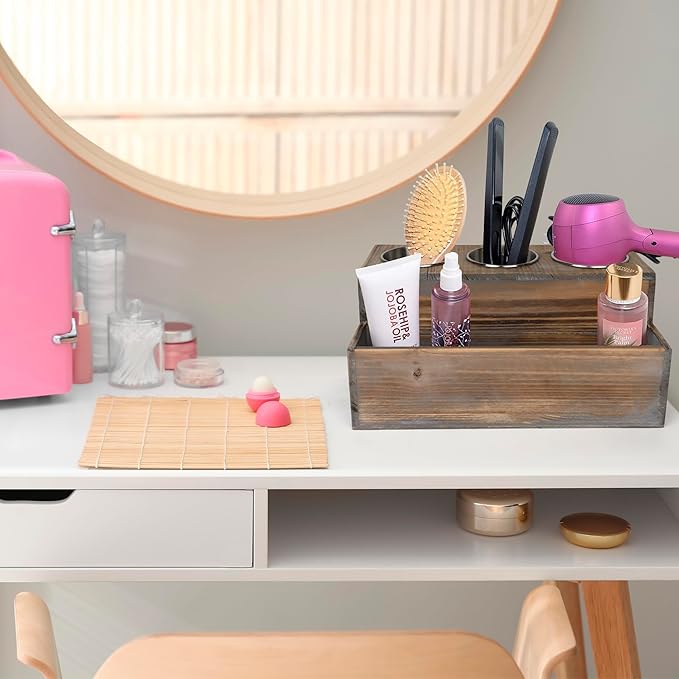 Besti Wooden Hair Dryer Holder – Hair Tools and Styling Supplies Organizer and Storage for Vanity and Bathroom - Natural Elegant Design - Multi-Functional Caddy for Accessories, Makeup, Toiletries
