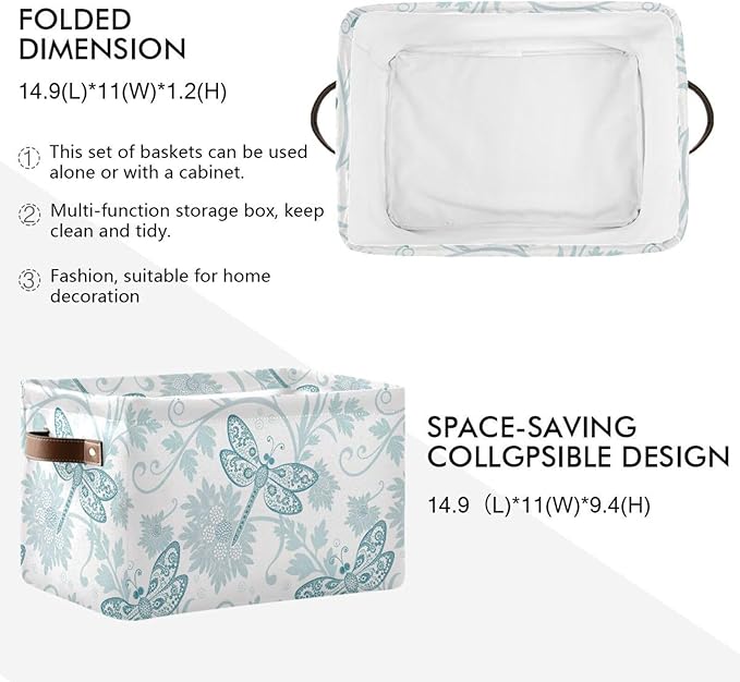 Foldable Storage Baskets Set of 2, Parsley Dragonfly Storage Bins with Handles, Decorative Cloth Organizer Storage Boxes for Home|Office 15 x 11 x 9.5 in