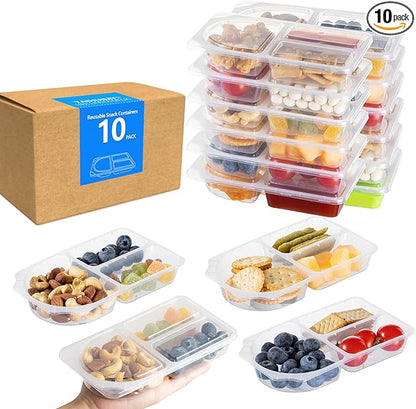 TAIHUIMY 9oz Reusable Snack Containers with Lids for Kid, New 3 Compartment Large Capacity Condiment Portion Control Meal Prep Containers for School lunch, Go out Travel, Party (10, 9, ounces)