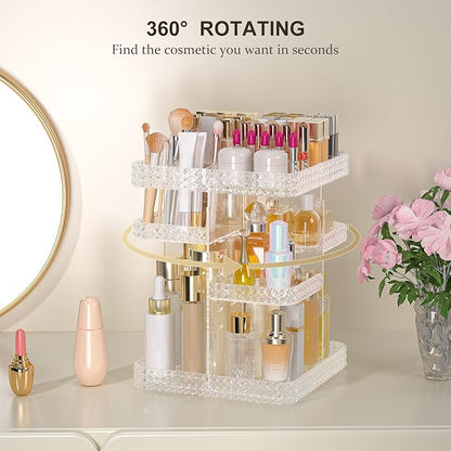 Rotating Makeup Organizer with Makeup Brush Holder,Large Capacity Perfume Organizer for Vanity Countertop,Acrylic Skincare Organizers Spinning Holder Storage Rack (Clear)