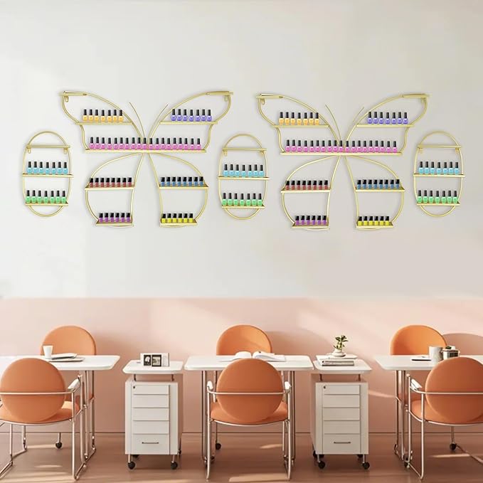 Butterfly Wall-Mounted Nail Polish Rack Set of 5-11LBs/Rack Capacity, Adjustable Cosmetic Display for Salon & Home Spa (Gold)