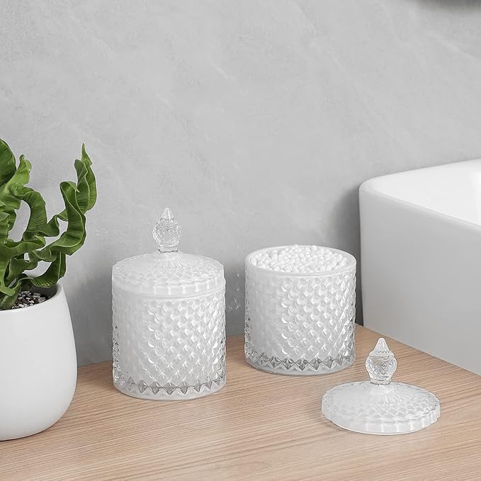 rejomiik 2 Pack Qtip Holder Thick Glass Apothecary Jars with Lid for Bathroom Decor Storage Organizer for Cotton Swabs, Balls, Pads, Floss Picks, Candy, Jewelry, White