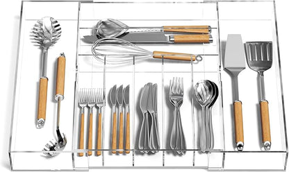 NIUBEE Expandable Kitchen Drawer Organizer for Flatware and Utensils,Clear Acrylic Adjustable Silverware Tray for Drawer,Office,Bathroom Supplies-9 Compartments