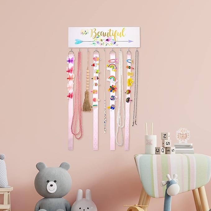 Jetec Hair Bow Organizers, Hair Clip Holders, Hello Beautiful Wall Mount Jewelry Holder with 9 Hooks for Room(Beautiful Style)