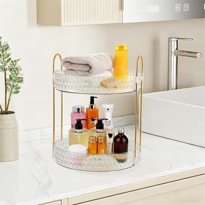 2 Tier Acrylic Lazy Susan Organizer, 360° Rotating Makeup orgaizer & Skincare Storage Tray, Clear Spinning Vanity Organizer for Bathroom Countertop, Cabinet, Dresser, Kitchen, Perfume Organizer