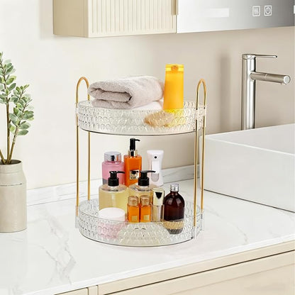 2 Tier Acrylic Lazy Susan Organizer, 360° Rotating Makeup orgaizer & Skincare Storage Tray, Clear Spinning Vanity Organizer for Bathroom Countertop, Cabinet, Dresser, Kitchen, Perfume Organizer