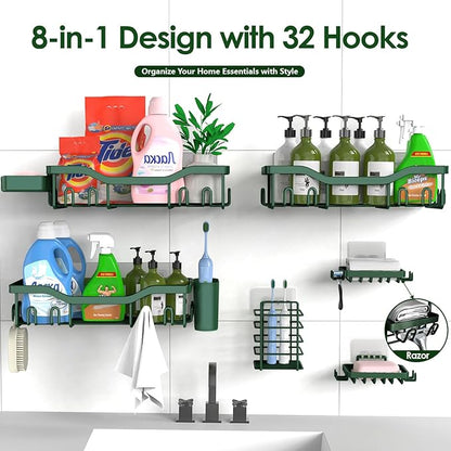 NESOMI Shower Caddy Adhesive Shower Organizer 8-Pack, Rustproof Stainless Steel Bathroom Shelves, Large Capacity No-Drill Rack Storage Accessories with Soap Dish Toothbrush Holder Hooks