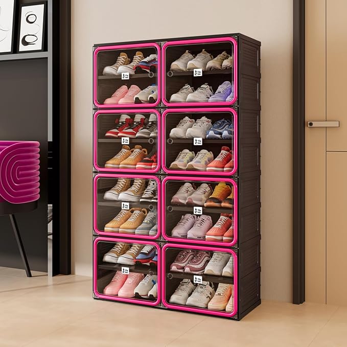 Vipbox No Assembly 8 Tier Collapsible Shoe Rack, 32 Pairs Foldable Shoe Storage Cabinet with Doors, Large Shoe Organizer for Closet, Black & Rose Red