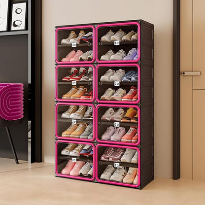 Vipbox No Assembly 8 Tier Collapsible Shoe Rack, 32 Pairs Foldable Shoe Storage Cabinet with Doors, Large Shoe Organizer for Closet, Black & Rose Red