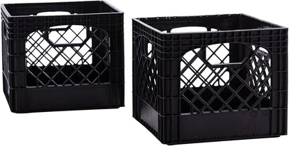 Plastic Milk Crate Storage Tote with Handles, 16-Quart Stackable Cube Organizer for Garage, Home, and Office, Made in the USA, 13" x 13" x 11" (2-Pack) - Black