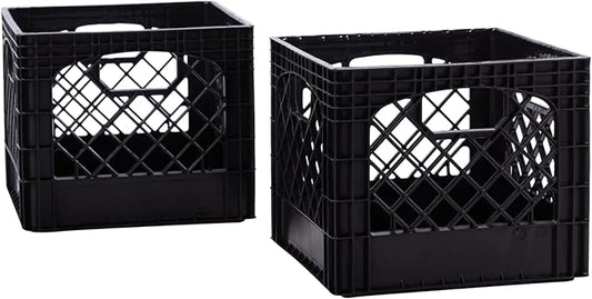 Plastic Milk Crate Storage Tote with Handles, 16-Quart Stackable Cube Organizer for Garage, Home, and Office, Made in the USA, 13" x 13" x 11" (2-Pack) - Black