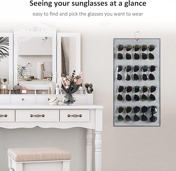 Dual Sided Hanging Sunglasses Organizer Wall Mounted Glasses Rack Storage Eyeglasses Holder Eyewear Display Case with 40 Slots (40 Slots-Grey)