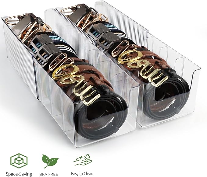 Clear Belt Organizer Extendable, 2 Pack Acrylic Belt Storage Holder with Adjustable Dividers, Belts Storage Container for Drawer and Closet Organization