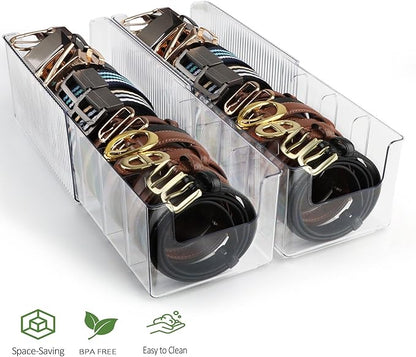 Clear Belt Organizer Extendable, 2 Pack Acrylic Belt Storage Holder with Adjustable Dividers, Belts Storage Container for Drawer and Closet Organization