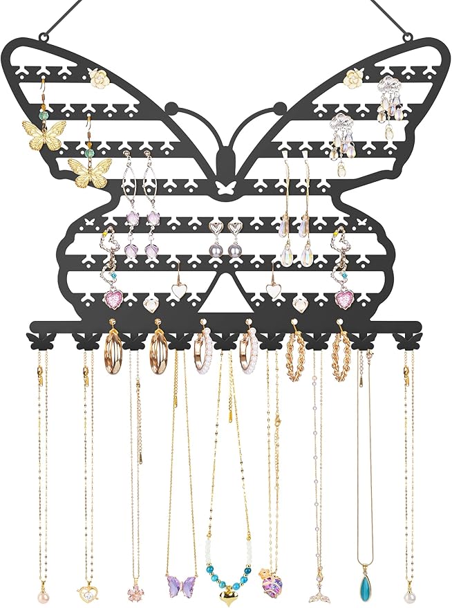 NiHome Butterfly Wall Mounted Jewelry Organizer, Decorative Metal Earring and Necklace Holder for Bedroom, Vanity, or Closet, Stylish Organizer with Easy Hanging for Fashion Lovers (Black)