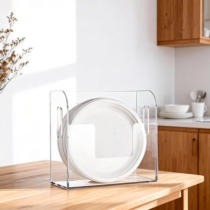 Acrylic Paper Plate Dispenser Wall Mounted, Paper Plate Organizer in Cabinet, Disposable Plate Storage Holder for Kitchen Countertop or Outdoor Picnics Party, Provide Adhesive Strip & Mounting Screws