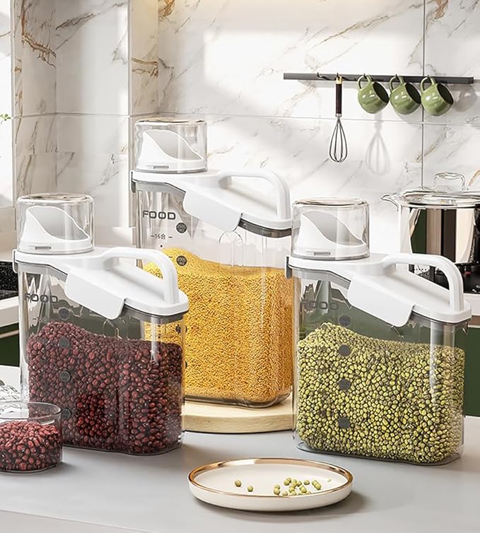 Rice container storage tank, kitchen storage container, sealed food storage, sealed design measuring cup. With pouring port, suitable for oatmeal, grains, rice, flour (blue, 2800ML)
