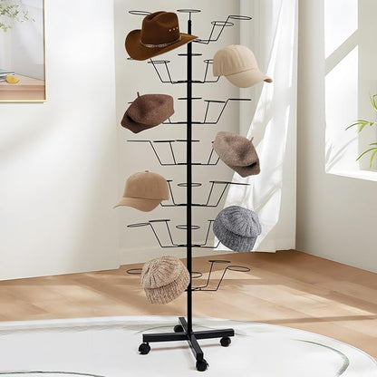 uyoyous 7-Tier Rotating Hat Rack Stand for Retail Stores, Heavy-Duty Metal Hat Display Organizer with Wheels, Holds 35+ Caps for Boutique & Home Use