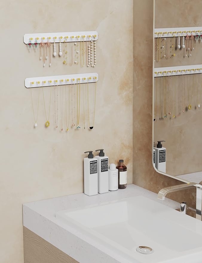 NiHome Wall Mounted Acrylic Jewelry Organizer 2-Pack, Durable Sleek Rack Strong Carbon Steel Hooks for Dressing Table, Bathroom, Kitchen, Hassle-Free Installation Multiple Mounting Options (White)