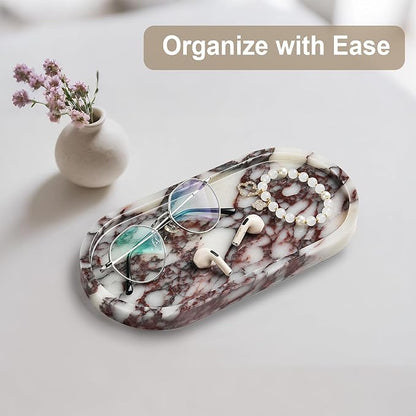 Natural Marble Vanity Tray - Moujings Genuine Marble Perfume Tray for Bathroom Decor, Stone Bathroom Vanity Organizer Tray for Kitchen Counter, Candles, Jewelry, Coffee, Makeup, Key