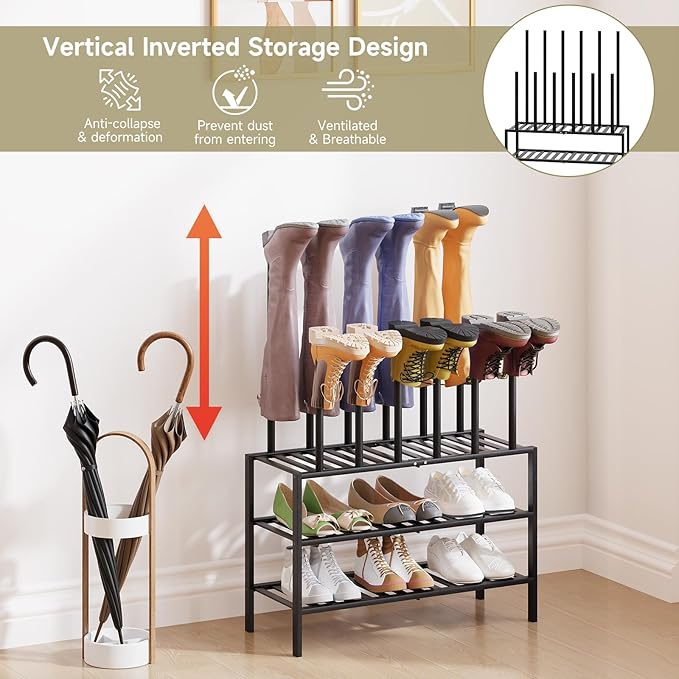 Boot Rack for Tall Boots Organizer,3-Tier Multiuse Shoe Rack and Boot Storage Rack,for Tall Boots,Sneakers,High-Heel (Black, 3-Tier)