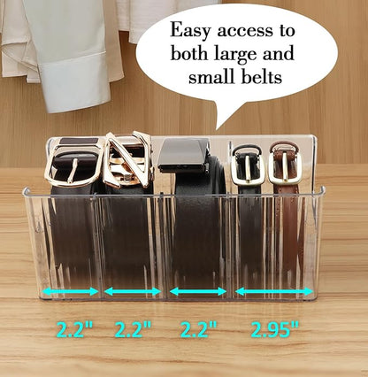 Acrylic Belt Organizer with Adjustable 4 Compartments & Stackable Design, Clear Storage for Closet and Drawer Organization