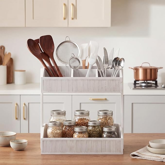Novabright 2 Tier Paper Plate Dispenser for Kitchen Counter, Paper Plate Organizer, Rustic Wooden Utensil Holder for Party Countertop Cutlery Flatware Storage Rack for Napkin Cup Spoon Fork(White)