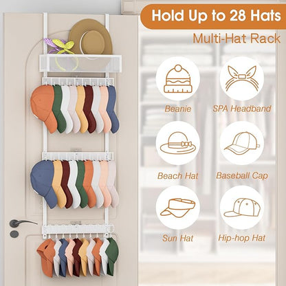 3 Tier Over Door Hat Rack with Basket,Hat Organizer for Baseball Cap with 18 Hooks and 10 Movable Clips,Hat Hanger Storage Holds up to 30+ Caps for Door, Bedroom, Closet (White)