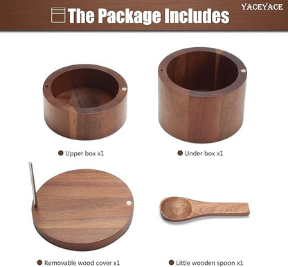 Salt Bowl with Spoon, 7oz Salt and Pepper Containers Triple Compartment, Small Acacia Salt Containers for Countertop, Salt Cellar for Kitchen