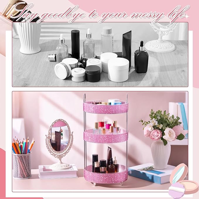 Honeydak 360 Rotating Perfume Organizer for Mother Day Nurse Day Rhinestone Bathroom Counter Organizer Makeup Holder Skincare and Perfume Storage for Cosmetic Countertop(3 Tiers,Resin Stone,Pink)