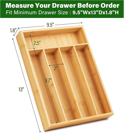 LotFancy Bamboo Kitchen Drawer Organizer, 9.5 Inch Silverware Tray for Small Drawer, Utensil Organizer for Cutlery, Fork, Spoon Storage (5 Slots, Natural)