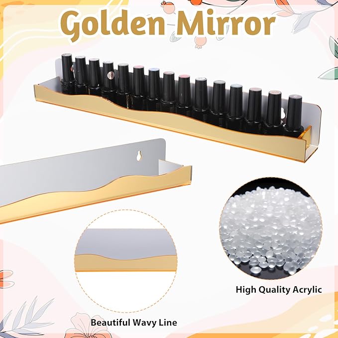 6 Pack Wall Mounted Nail Polish Organizer Rack, 15 Inch Gold Mirror Nail Polish Shelf with Stopper Multi-Purpose Shelf for Essential Oils Cosmetics Storage Display Rack for Salon Bathroom