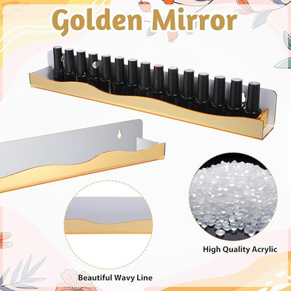 6 Pack Wall Mounted Nail Polish Organizer Rack, 15 Inch Gold Mirror Nail Polish Shelf with Stopper Multi-Purpose Shelf for Essential Oils Cosmetics Storage Display Rack for Salon Bathroom