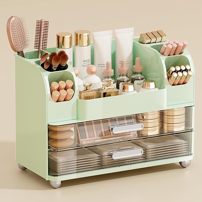 Makeup Organizer for Vanity with 2 Large Drawers, Cosmetic Display Case with Brush Holders, Easy to Storage for Bathroom Countertop Skincare, Perfume, Green