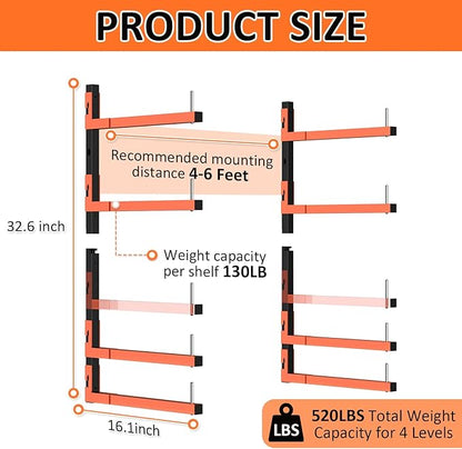 2 Pack Lumber Storage Rack, Wall Mount Removable & Adjustable Lumber Rack with 4-Level Holds Up 520 Lbs, Heavy Duty Metal Garage Wood Rack for Workshop, Basement, Indoor and Outdoor