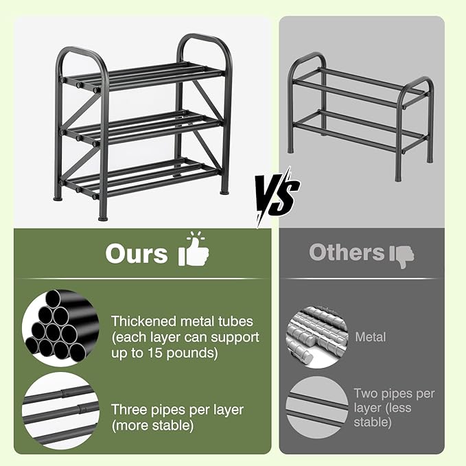 3-Tier Shoe Rack for Closet, 16"-32" Expandable ShoeRackAdjustable for Entryway Closet Doorway SturdyMetal, Black