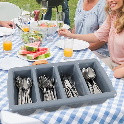 Morcte 4 Compartment Commercial Silverware Bin, Set of 4 Plastic Cutlery Trays for Restaurant, Gray