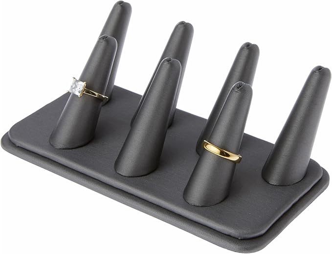 Plymor Gray Faux Leather Ring Finger Display, Seven on Rectangular Base, 6.75" W x 3.5" D x 2.25" H (Pack of 3)