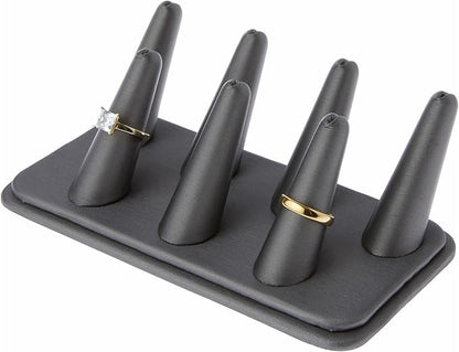 Plymor Gray Faux Leather Ring Finger Display, Seven on Rectangular Base, 6.75" W x 3.5" D x 2.25" H (Pack of 3)