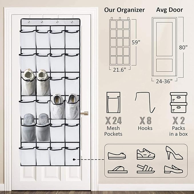 Shoe Holder Rack for Over the Door, 24-Pair Mesh Pockets Hold up to 40 Pounds, Back of Closet Organizer, Behind Door Hanger, Nonslip Holders, Shoes, Sneakers and Home Accessories (WHITE)