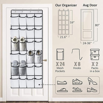 Shoe Holder Rack for Over the Door, 24-Pair Mesh Pockets Hold up to 40 Pounds, Back of Closet Organizer, Behind Door Hanger, Nonslip Holders, Shoes, Sneakers and Home Accessories (WHITE)