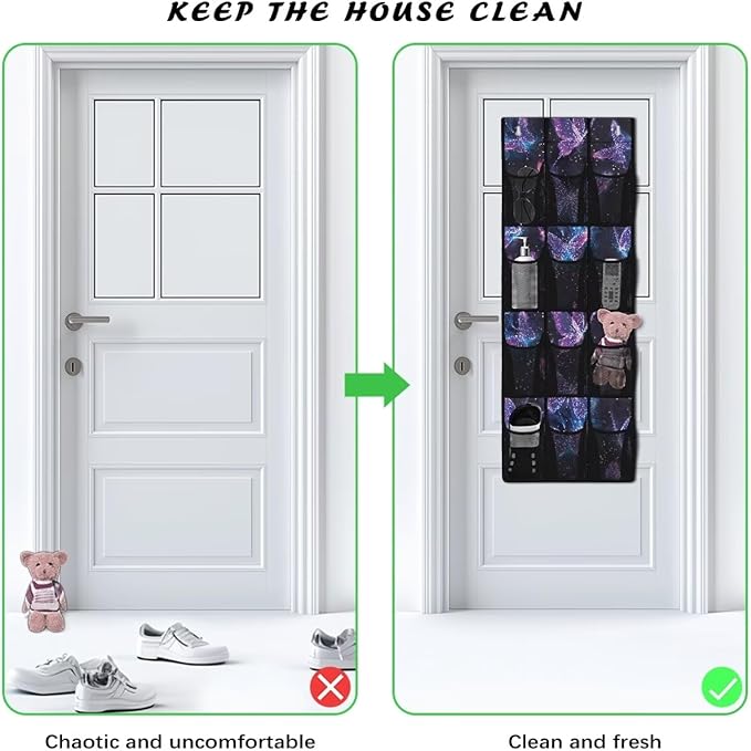 Shoe Organizer Door Hanger,Dreamy Butterfly Design Storage for Small Spaces,Over the Door Shoe Organizer with 12 Mesh Large Pockets Waterproof Reusable