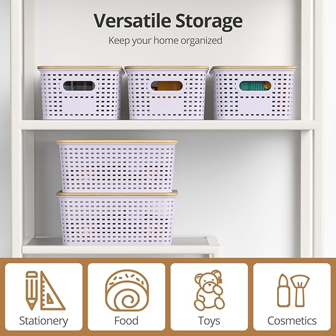 Plastic Storage Baskets with Bamboo Lids, Stackable Small Box Bins for Organizing and Containers for Shelves Drawers Desktop Closet Pantry Classroom Office Home, 6 Pack 10.2"x7.2"x4.1" Lavender