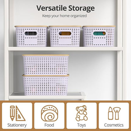 Plastic Storage Baskets with Bamboo Lids, Stackable Small Box Bins for Organizing and Containers for Shelves Drawers Desktop Closet Pantry Classroom Office Home, 6 Pack 10.2"x7.2"x4.1" Lavender