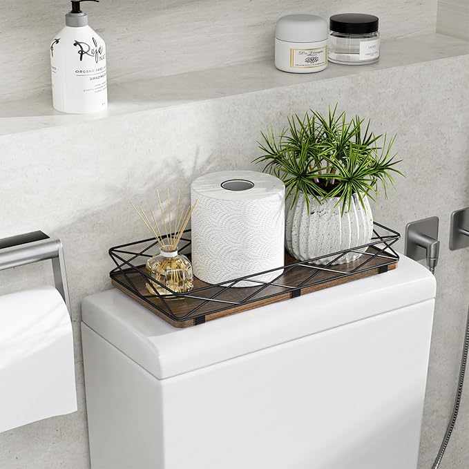 Lixple Toilet Paper Basket Holder, 13" Toilet Tank Tray, Wood and Metal Toilet Tray Vanity Organizer Bathroom Tray, Kitchen Sink Organizer for Soap Dispenser (Brown+Black)