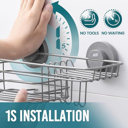 TAILI Shower Caddy Suction Cup with Hooks & Soap Holder, Heavy Duty Bathroom Shower Organizer, No Drilling Shower Shelves for Inside Bathroom, Metal Storage Holder-Grey
