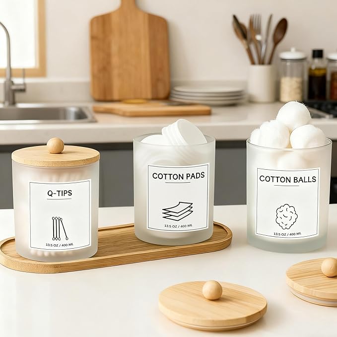 3Pack Glass Qtip Holder with Bamboo Tray, Cotton Ball Holder, 13.5 oz Apothecary Jars Bathroom Canisters with Lids, Bathroom Jars for Floss Picks, Cotton Swabs, Balls, Pads (Frosted)