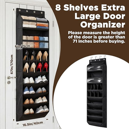 8 tiers Door Back Organizer, Multifunction Over the Door Hanging Shoe Rack with Oxford Fabric Deep Pockets, 66.9 x 16.5 x 5.9 Inches Storage Organizer (Black)